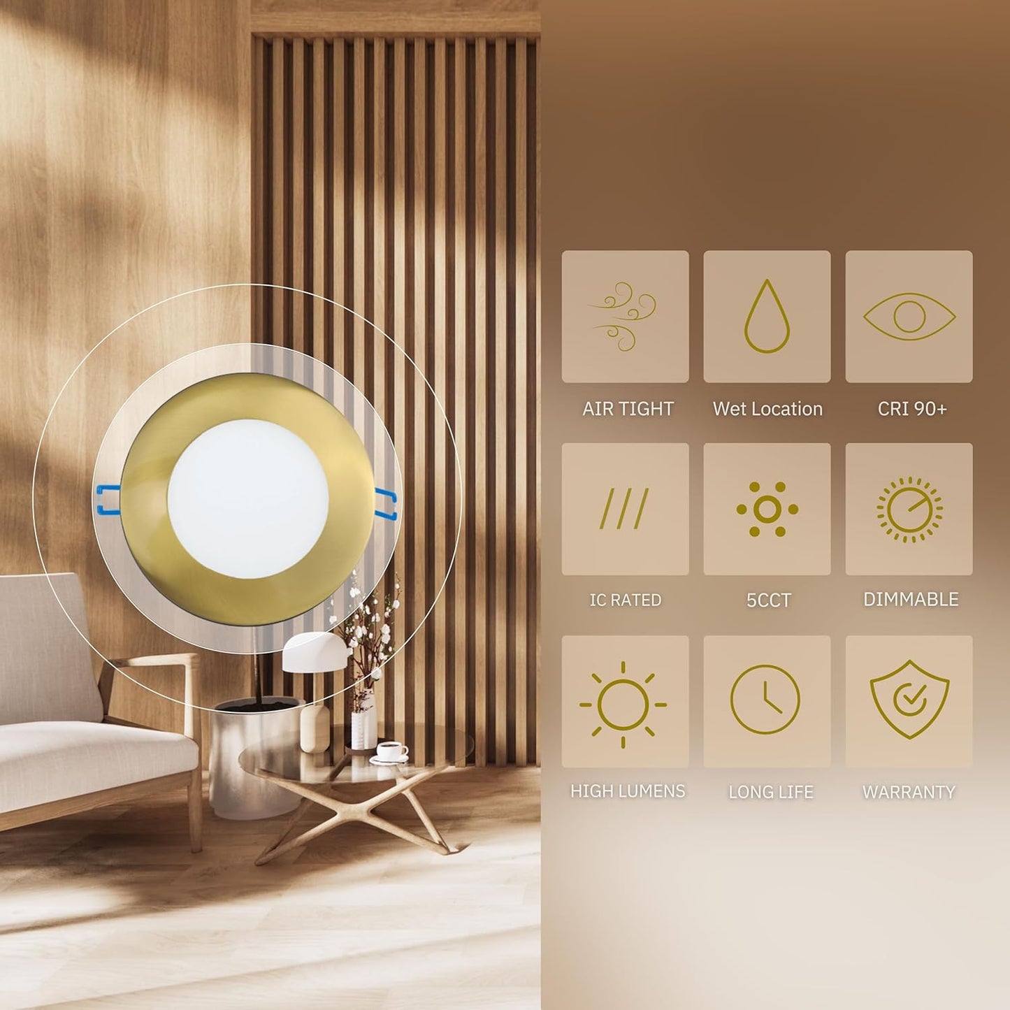 P-5874 3 Inch Round Brushed Brass 8W 500 Lumens 5CCT Slim Ultra-Thin Light