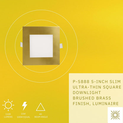 P-5888 5 Inch Square Brushed Brass 15W 1100 Lumens 5CCT Slim Ultra-Thin Light