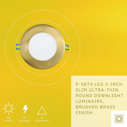 P-5874 3 Inch Round Brushed Brass 8W 500 Lumens 5CCT Slim Ultra-Thin Light