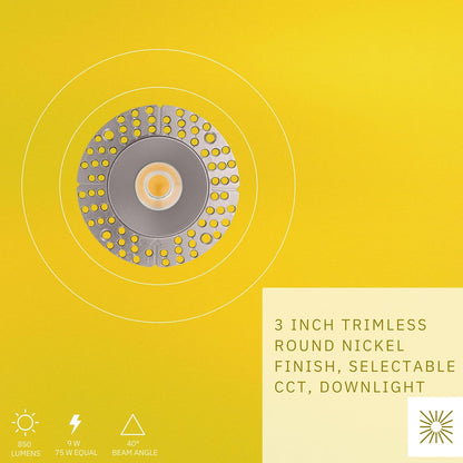P-6422 3 Inch Trimless Round, Nickel Finish 9 Watts, 850 Lumens 5CCT Recessed Light