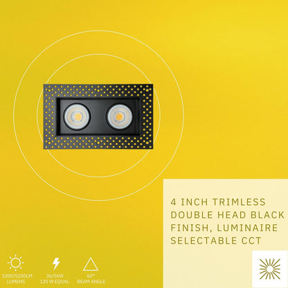 P-6609 4 Inch Trimless 2 Head Multiple Gimbal, Black Finish 36 Watts, 3200 Lumens 5CCT Recessed Light