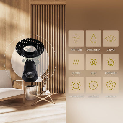 P-5001 3.5 Inch Trimless Black Round 12W 850 Lumens 5CCT Recessed Light