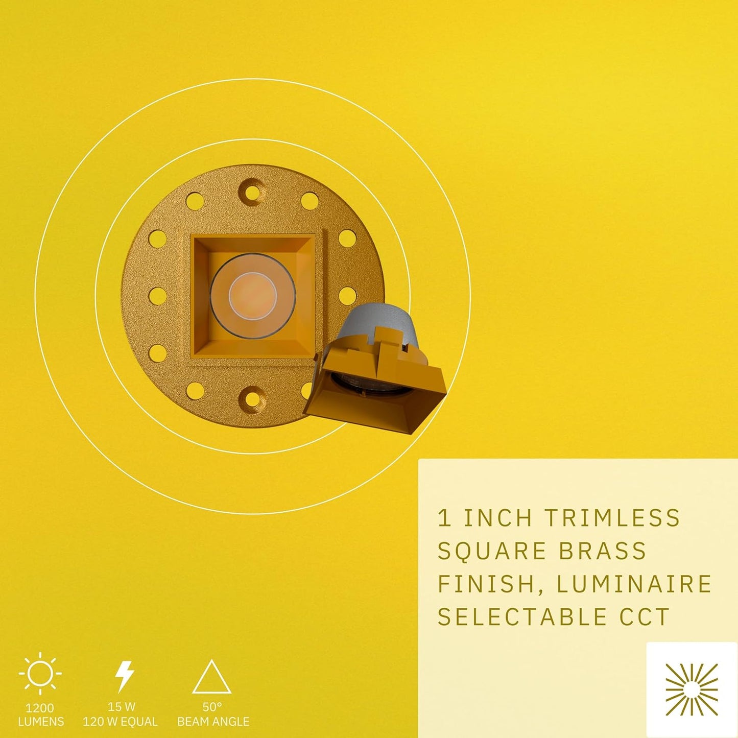 P-6569 1 Inch Trimless Square, Brass Finish 15 Watts, 1200 Lumens 5CCT Recessed Light