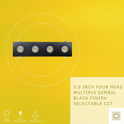 P-6558 3.5 Inch 4 Head Multiple Gimbal, Black Finish 36 Watts, 3200 Lumens 5CCT Recessed Light