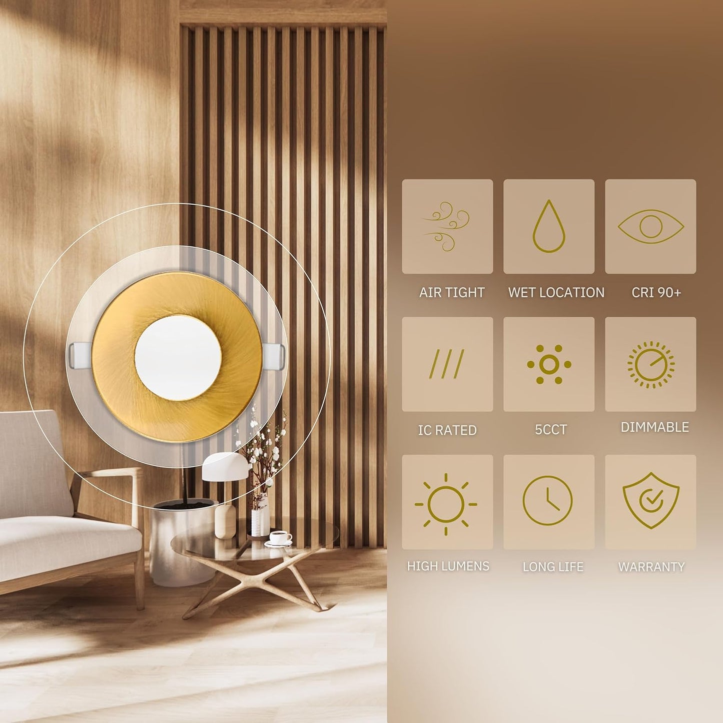 P-6621 2 Inch Slim Ultra-Thin Round, Brushed Brass 5 Watts, 300 Lumens 5CCT Recessed Light