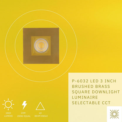 P-6032 3 Inch Brushed Brass Square 24W 1800 Lumens 5CCT Recessed Light