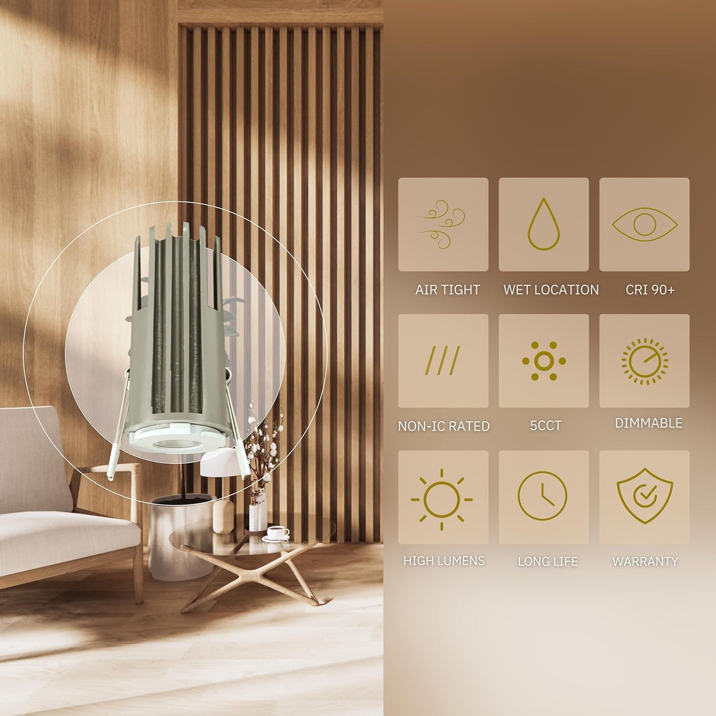 P-6509 1.5 Inch Trimless Round, Brass Finish 15 Watts, 1100 Lumens 5CCT Recessed Light