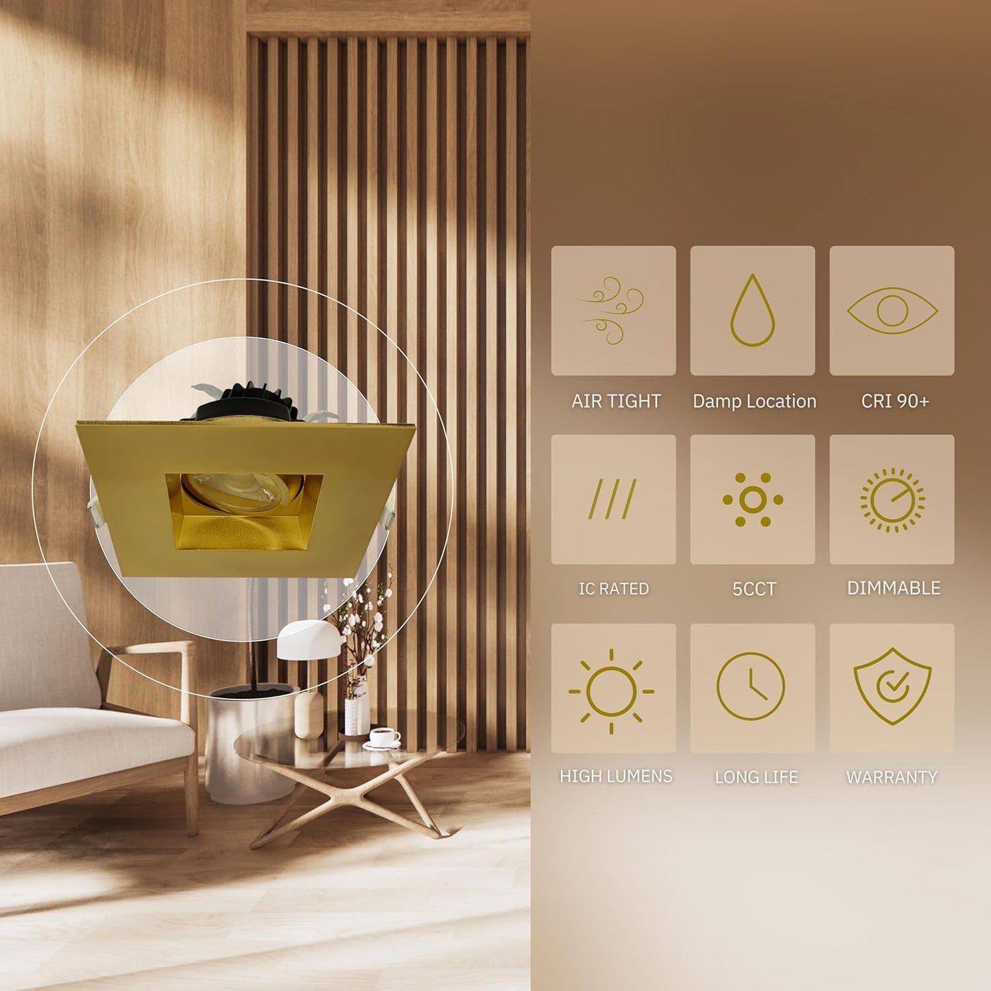 P-5869 3 Inch Square Brushed Brass 8W 700 Lumens 5CCT Gimbal Light