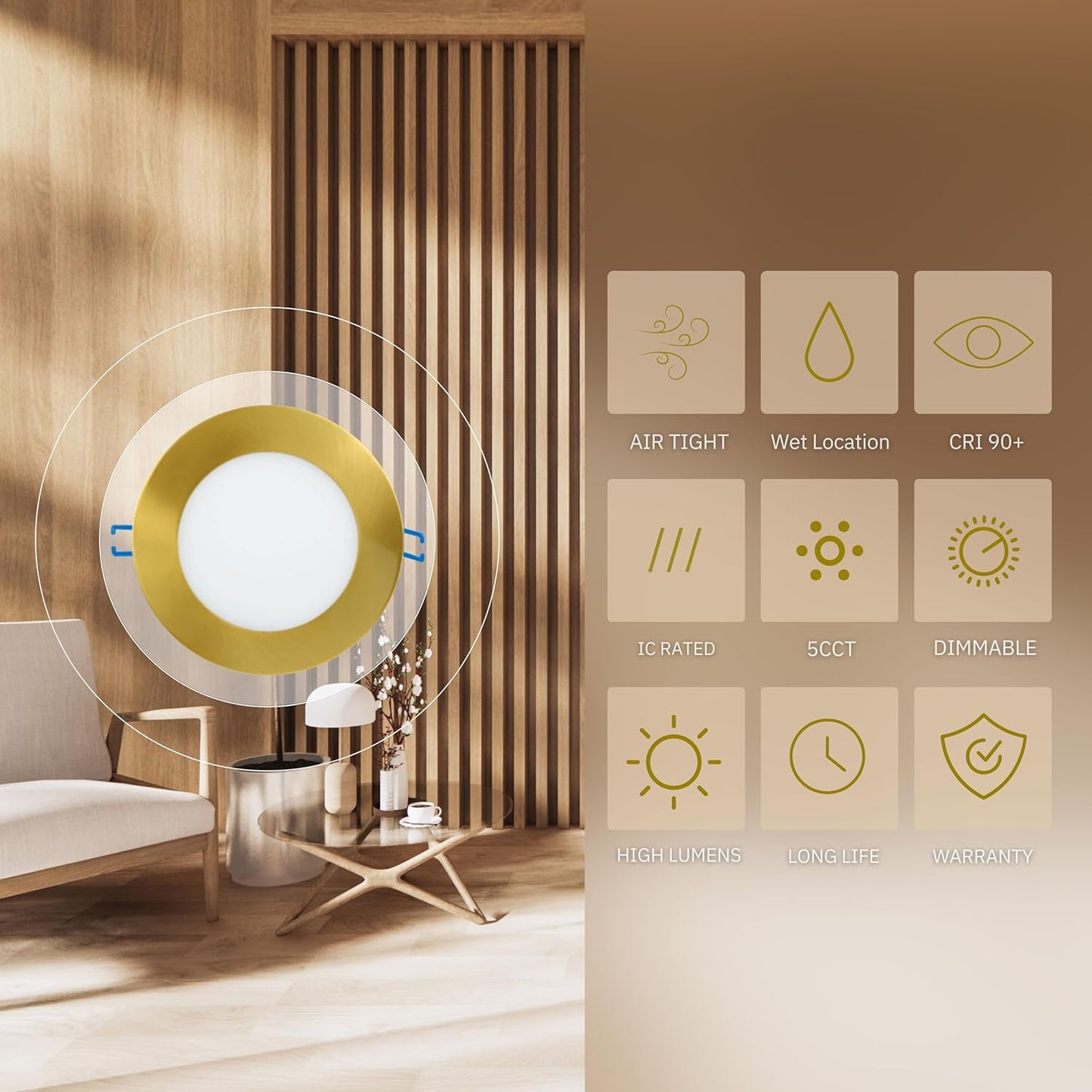 P-5884 5 Inch Round Brushed Brass 14W 1050 Lumens 5CCT Slim Ultra-Thin Light