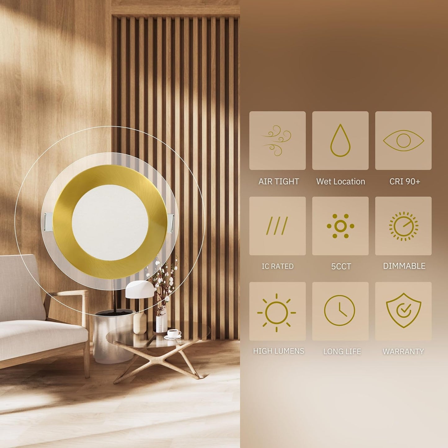 P-6209 5 Inch Round Brushed Brass 15W 1200 Lumens 5CCT Slim Light
