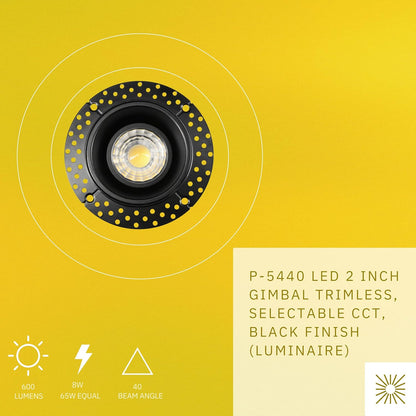 P-5440 3 Inch Trimless Round Black 8W 600 Lumens 5CCT Gimbal Light