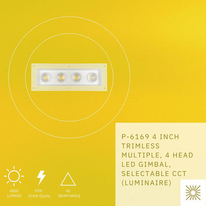 P-6169 4 Inch Trimless 4 Head White 52W 4800 Lumens 5CCT Gimbal Light