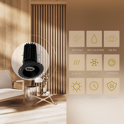P-6538 1.5 Inch Trimless Gimbal Round, Black Finish 12 Watts, 1000 Lumens 5CCT Recessed Light