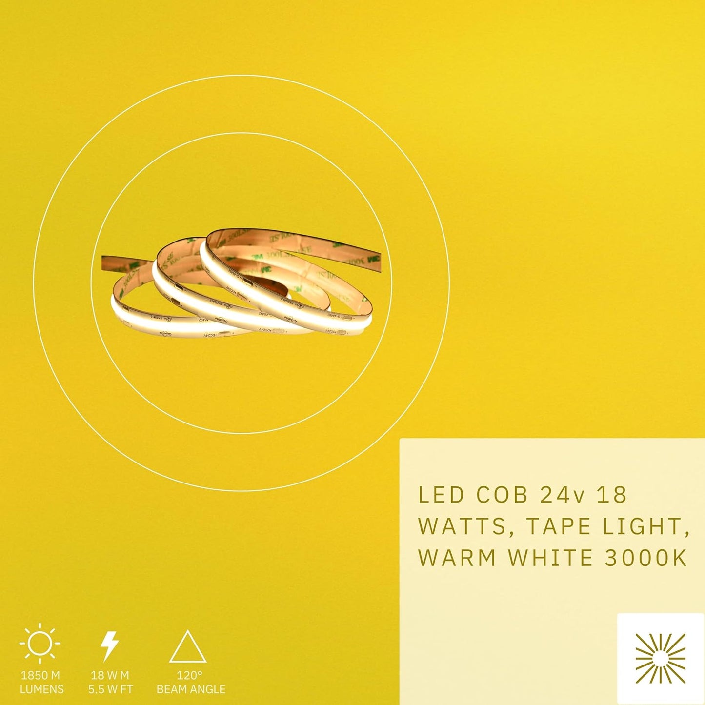 P-6397 COB LED Tape Light 18 WATTS, 564 Ft-1850 M Lumens Warm White 3000k Strip Lights