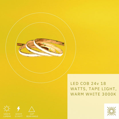 P-6397 COB LED Tape Light 18 WATTS, 564 Ft-1850 M Lumens Warm White 3000k Strip Lights