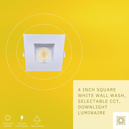 P-6486 4 Inch Square Wall Wash, White Finish 32 Watts, 3000 Lumens 5CCT Recessed Light