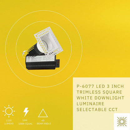 P-6077 3 Inch Trimless Square White 14W 1100 Lumens 5CCT Recessed Light