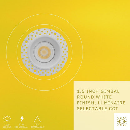 P-6537 1.5 Inch Trimless Gimbal Round, White Finish 12 Watts, 1000 Lumens 5CCT Recessed Light
