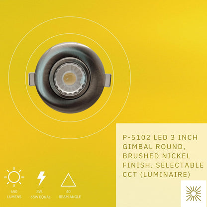 P-5102 3 Inch Round Brushed Nickel 8W 650 Lumens 5CCT Gimbal Light