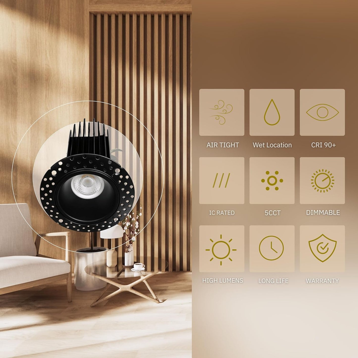 P-5437 2 Inch Trimless Black Round 15W 1000 Lumens 5CCT Recessed Light