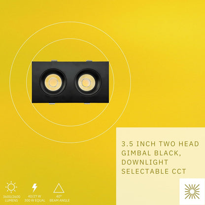 P-6495 3.5 Inch 2 Head Multiple Gimbal, Black Finish 40 Watts, 3600 Lumens 5CCT Recessed Light