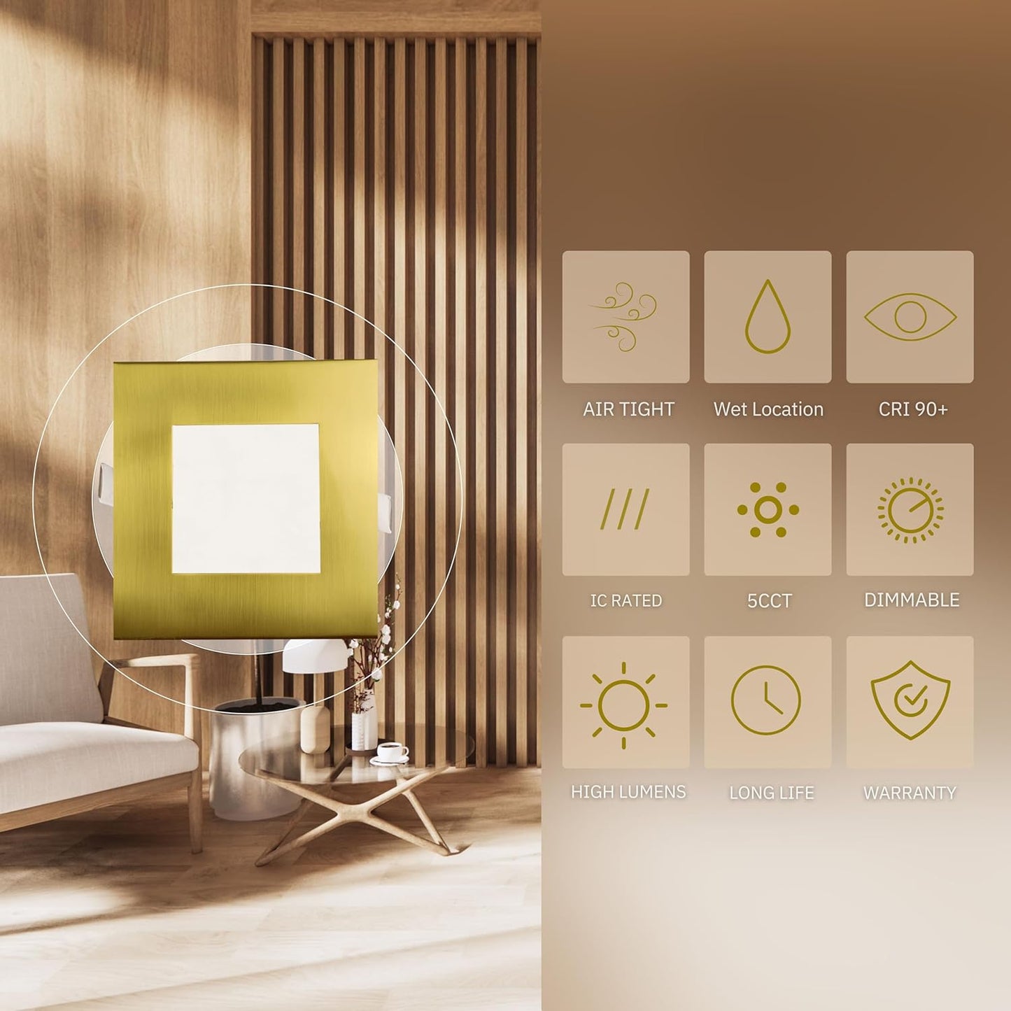 P-5880 4 Inch Square Brushed Brass 12W 1000 Lumens 5CCT Slim Ultra-Thin Light