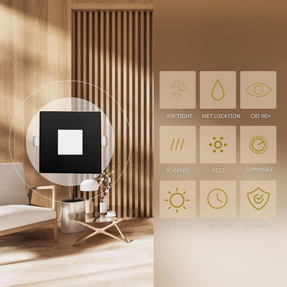 P-6622 2 Inch Slim Ultra-Thin Square, Black Finish 5 Watts, 300 Lumens 5CCT Recessed Light