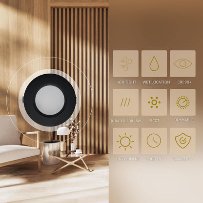 P-6406 4 Inch Slim Round Black Finish 20W-15W=200W-125W, 2000-1400 Lumens 5CCT Recessed Light