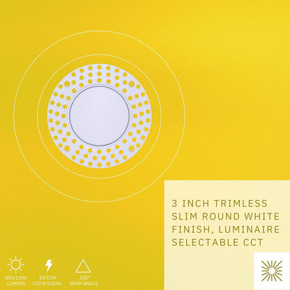 P-6590 3 Inch Trimless Slim Round, White Finish 15 Watts, 1200 Lumens 5CCT Recessed Light
