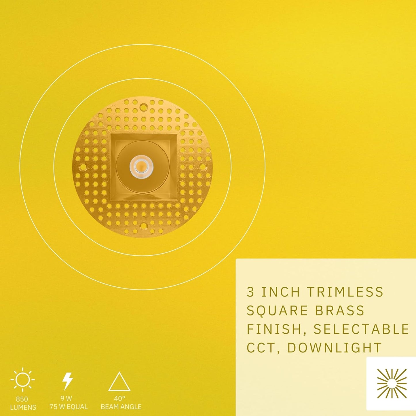 P-6431 3 Inch Trimless Square, Brass Finish 9 Watts, 850 Lumens 5CCT Recessed Light