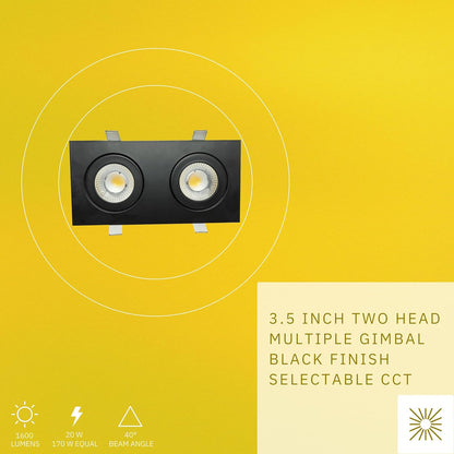 P-6556 3.5 Inch 2 Head Multiple Gimbal, Black Finish 20 Watts, 1600 Lumens 5CCT Recessed Light