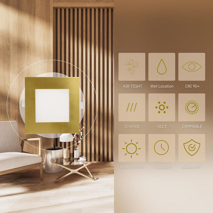 P-5888 5 Inch Square Brushed Brass 15W 1100 Lumens 5CCT Slim Ultra-Thin Light