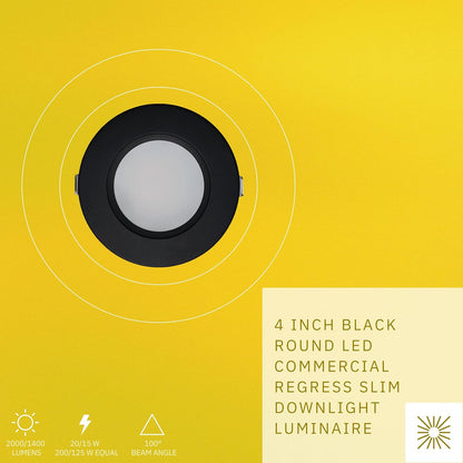 P-6406 4 Inch Slim Round Black Finish 20W-15W=200W-125W, 2000-1400 Lumens 5CCT Recessed Light