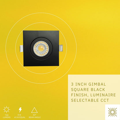 P-6545 3 Inch Gimbal Square, Black Finish 8 Watts, 700 Lumens 5CCT Recessed Light