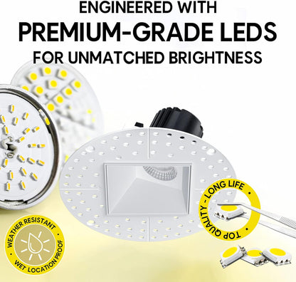 P-7500 3 inch Trimless Square Wall-Wash White, 9W, 850 Lumens, 5CCT Recessed Light