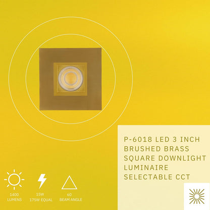 P-6018 3 Inch Brushed Brass Square 15W 1400 Lumens 5CCT Recessed Light