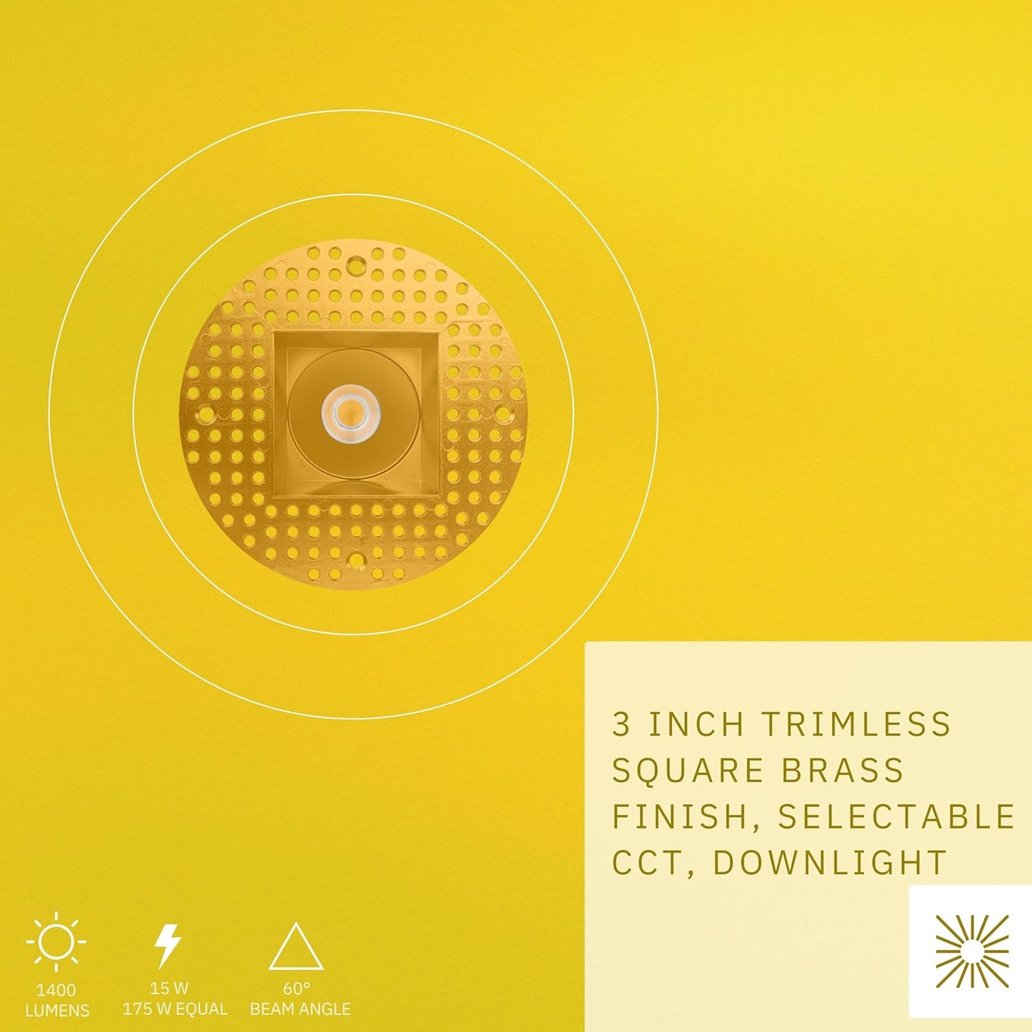 P-6432 3 Inch Trimless Square, Brass Finish 15 Watts, 1400 Lumens 5CCT Recessed Light