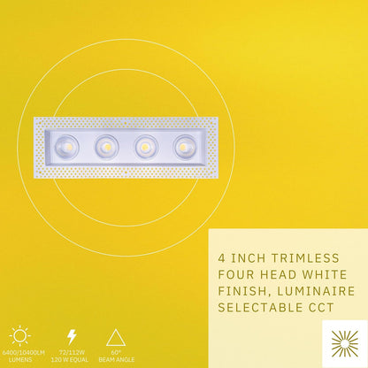 P-6607 4 Inch Trimless 4 Head Multiple Gimbal, White Finish 72 Watts, 6400 Lumens 5CCT Recessed Light
