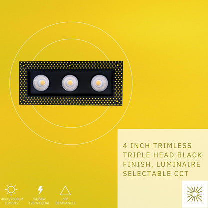 P-6610 4 Inch Trimless 3 Head Multiple Gimbal, Black Finish 54 Watts, 4800 Lumens 5CCT Recessed Light