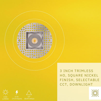 P-6429 3 Inch Trimless Square, Nickel Finish 15 Watts, 1400 Lumens 5CCT Recessed Light
