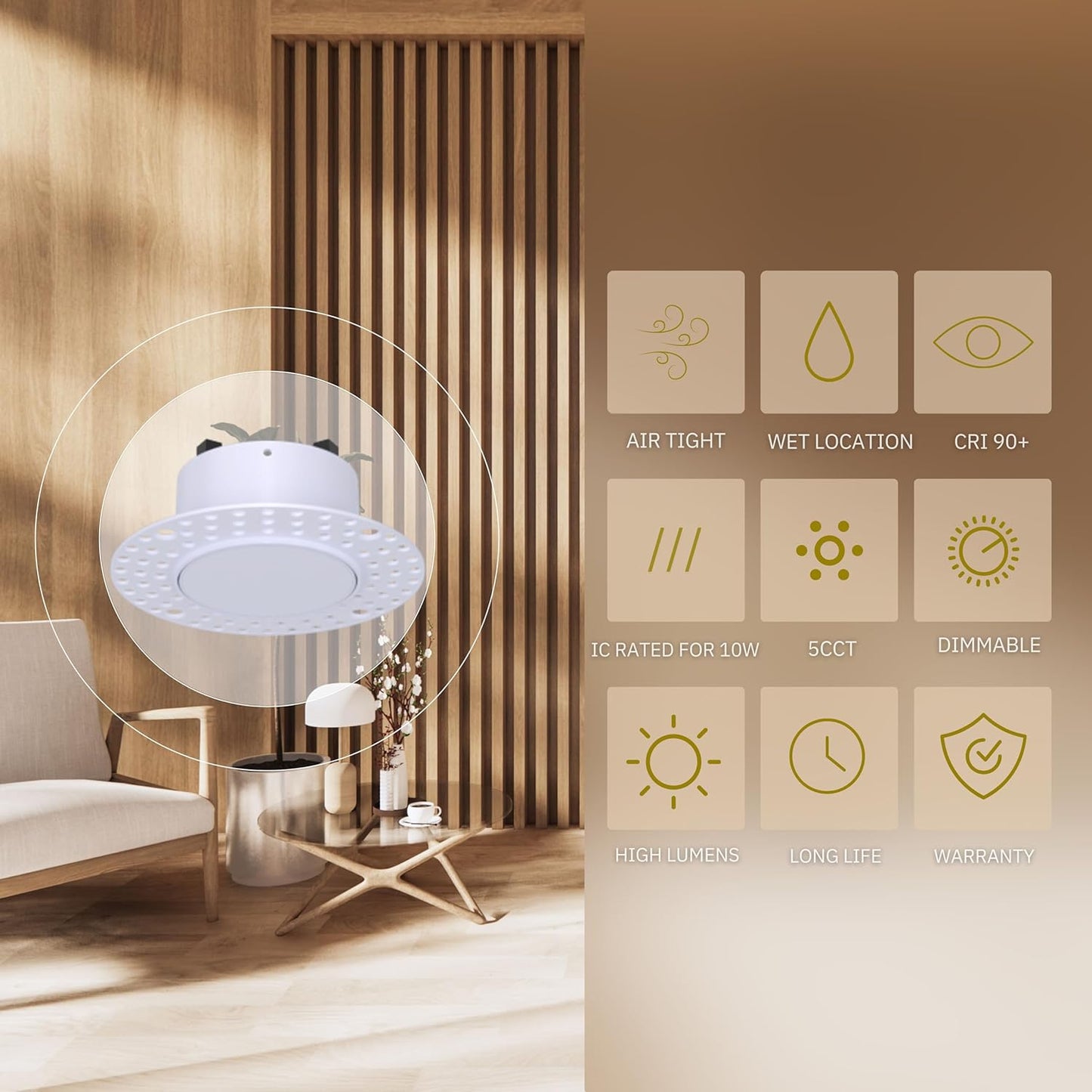 P-6590 3 Inch Trimless Slim Round, White Finish 15 Watts, 1200 Lumens 5CCT Recessed Light
