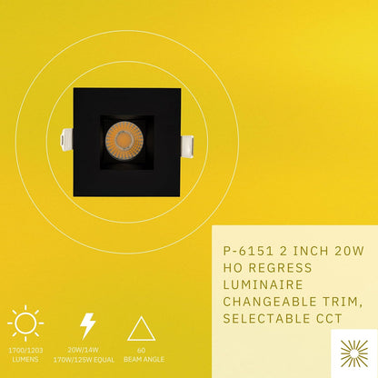 P-6151 2 Inch Black Square 20W 1700/1200 Lumens 5CCT Recessed Light