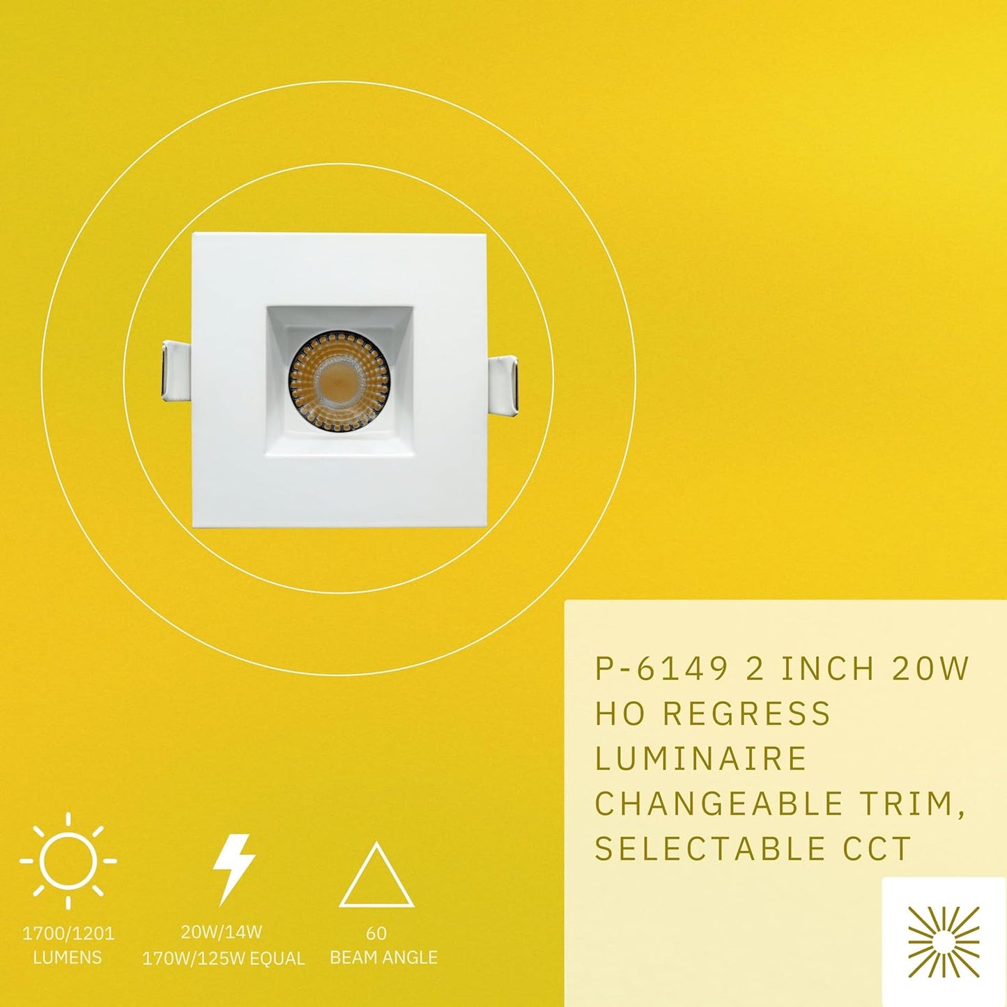 P-6149 2 Inch White Square 20W 1700/1200 Lumens 5CCT Recessed Light