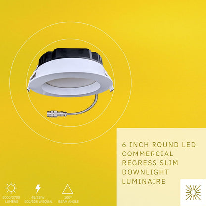 P-6404 6 Inch Slim Round White Finish 48W-28W=500W-325W, 5000-2700 Lumens 5CCT Recessed Light