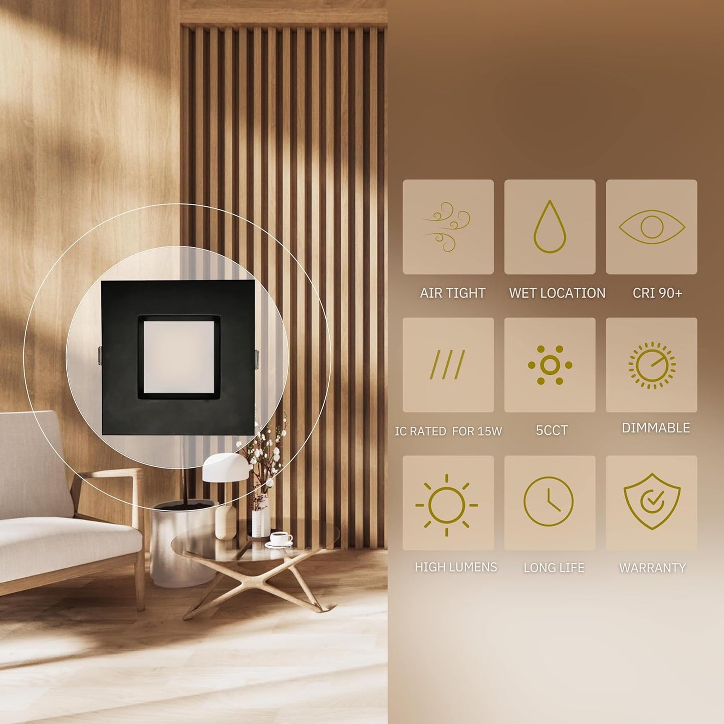P-6407 4 Inch Slim Square Black Finish 20W-15W=200W-125W, 2000-1400 Lumens 5CCT Recessed Light