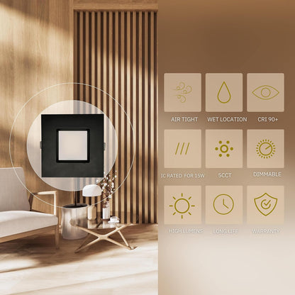 P-6407 4 Inch Slim Square Black Finish 20W-15W=200W-125W, 2000-1400 Lumens 5CCT Recessed Light