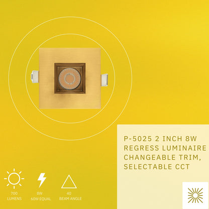 P-5025 2 Inch Square Brushed Brass 8W 700 Lumens 5CCT Recessed Light