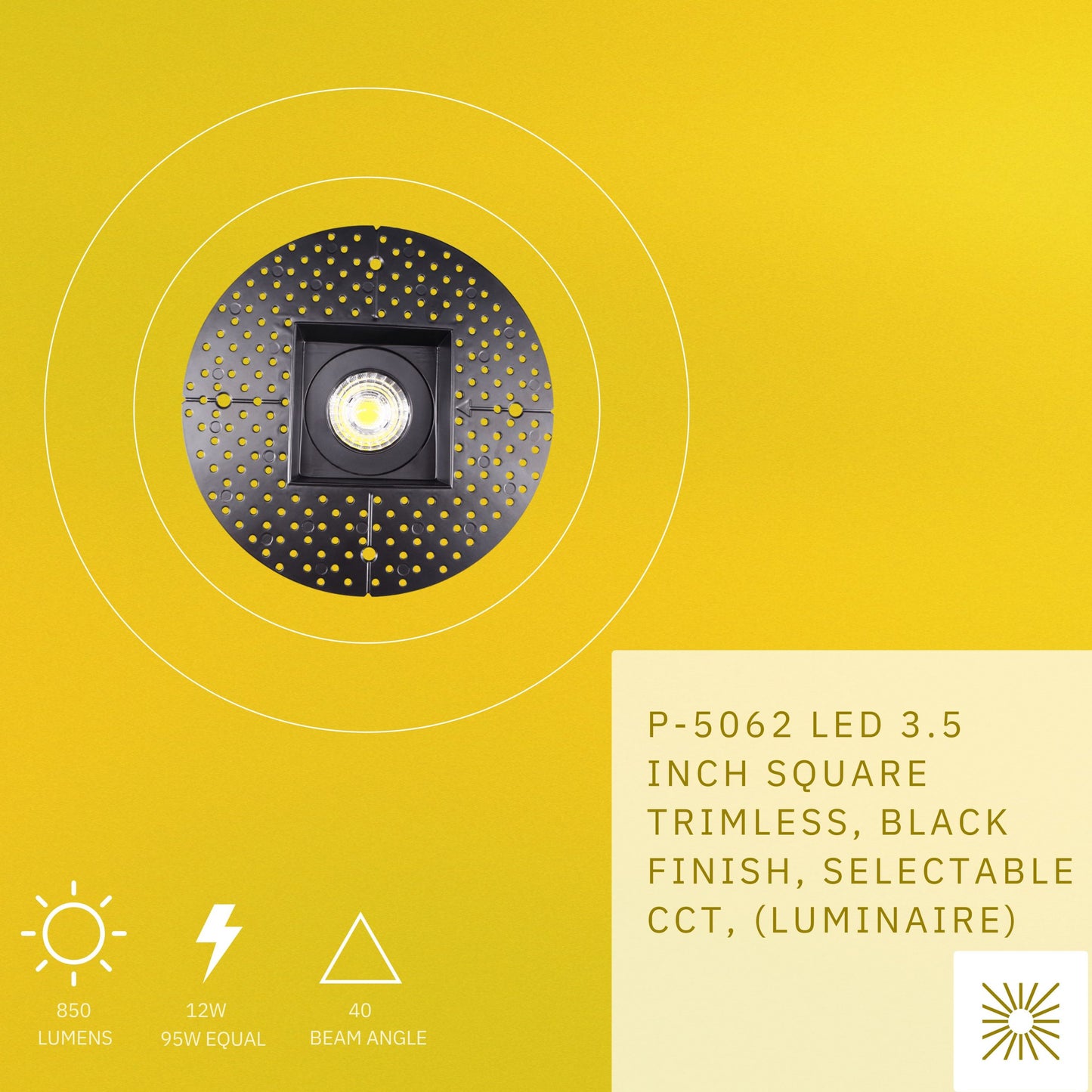 P-5062 3.5 Inch Trimless Square Black 12W 850 Lumens 5CCT Recessed Light