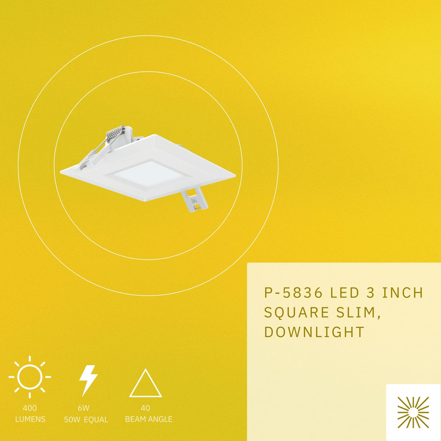 P-5836 3 Inch Square White 6W 400 Lumens Warm White 3000k Slim Light