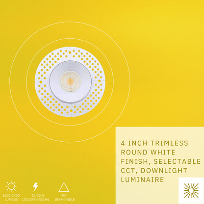 P-6435 4 Inch Trimless Round, White Finish 15/22W,1600/2400 Lumens 5CCT Recessed Light
